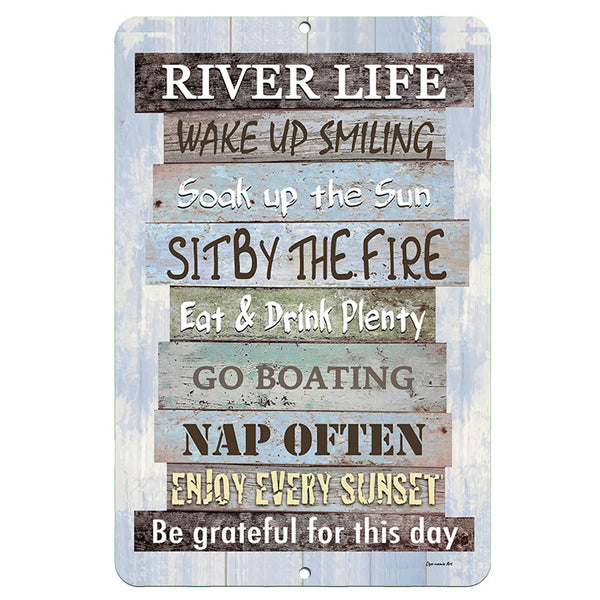 Dyenamic Art - River Life Metal Sign - Rustic outdoor decor featuring a weathered wood-style design with inspirational river life rules. Perfect for river cabins, docks, and nature lovers.