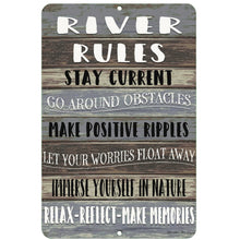Load image into Gallery viewer, Dyenamic Art River Rules Metal Sign – Rustic wood-style sign with inspirational river-themed sayings, perfect for lake houses, cabins, and outdoor enthusiasts.
