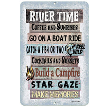 Load image into Gallery viewer, Dyenamic Art River Time Coffee &amp; Sunrises Metal Sign – Rustic river-themed wall decor featuring bold typography, a steaming coffee cup illustration, and a distressed wood-style background.
