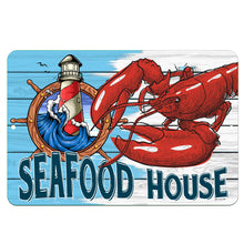 Load image into Gallery viewer, Dyenamic Art Seafood House Metal Sign – Nautical-themed wall decor featuring a vibrant red lobster, a lighthouse, and a rustic ship wheel against a weathered blue wooden background. Ideal for seafood restaurants, coastal kitchens, and beach house decor.
