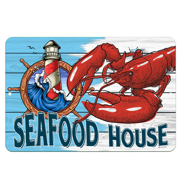 Dyenamic Art Seafood House Metal Sign – Nautical-themed wall decor featuring a vibrant red lobster, a lighthouse, and a rustic ship wheel against a weathered blue wooden background. Ideal for seafood restaurants, coastal kitchens, and beach house decor.