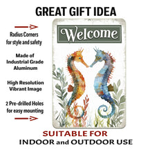 Load image into Gallery viewer, Informational image highlighting the Seahorse Welcome Metal Sign’s features, including industrial-grade aluminum, vibrant high-resolution printing, pre-drilled holes, and suitability for indoor and outdoor decor.
