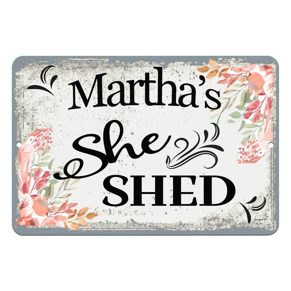 Dyenamic Art She Shed Metal Sign – Close-up of floral design and typography on high-quality metal with a weathered, vintage look.