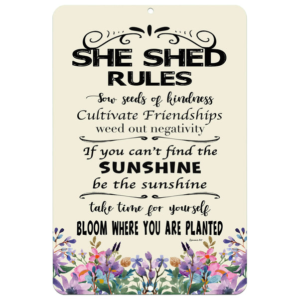 Dyenamic Art She Shed Rules Metal Sign – Inspirational garden decor featuring floral design, beige background, and uplifting quotes.