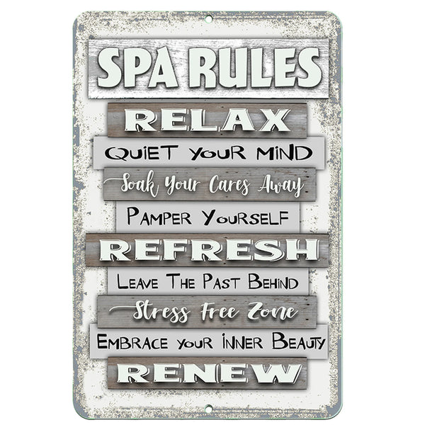 Dyenamic Art Spa Rules Metal Sign – Elegant relaxation-themed decor featuring inspirational spa quotes. Ideal for home spas, hot tubs, salons, or wellness retreats.