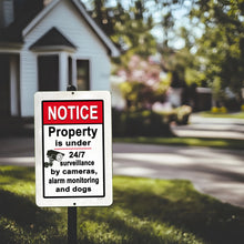 Load image into Gallery viewer, A close-up view of the property surveillance notice sign featuring bold red and black text warning of 24/7 monitoring by cameras, alarm systems, and dogs.
