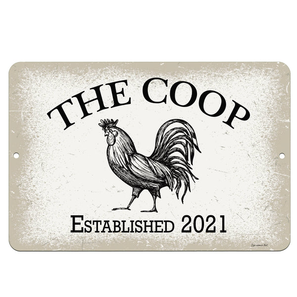 Dyenamic Art Personalized Chicken Coop Metal Sign – Rustic farmhouse decor with a black-and-white rooster illustration and custom name option.