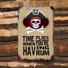 Load image into Gallery viewer, Dyenamic Art Time Flies When You&#39;re Having Rum Pirate Metal Sign – Skull and crossbones pirate-themed decor with vintage distressed design. Perfect for bars, man caves, and tiki lounges.
