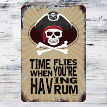 Load image into Gallery viewer, Pirate Bar Sign by Dyenamic Art – Rustic, vintage-style metal sign featuring a pirate skull with crossbones and a humorous rum-themed saying. A great addition to home bars or beach decor.
