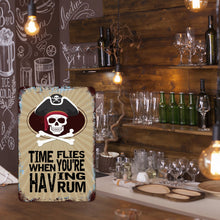 Load image into Gallery viewer, Dyenamic Art Pirate Metal Bar Sign displayed in a cozy bar setting with wooden shelves, glassware, and nautical-themed decor. A perfect conversation starter for pirate enthusiasts.
