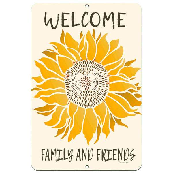 Dyenamic Art Welcome Family and Friends Metal Sign – Rustic sunflower design on a cream background, perfect for home or garden decor.