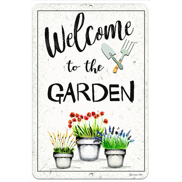 yenamic Art Welcome to the Garden Metal Sign – Charming vintage-style gardening decor with flower pots and gardening tools.