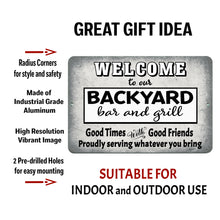 Load image into Gallery viewer, Dyenamic Art Backyard Bar and Grill Metal Sign features industrial-grade aluminum, pre-drilled holes, and rounded corners for durability and easy mounting. Ideal for indoor and outdoor spaces.
