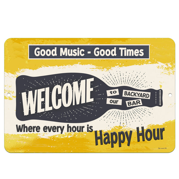 Welcome to Our Backyard Bar Happy Hour Metal Sign – Retro-style sign with a beer bottle graphic, great for bar lovers.