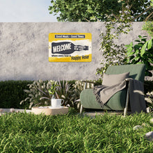Load image into Gallery viewer, Backyard Bar Happy Hour Metal Sign – Displayed on an outdoor wall near a cozy seating area, perfect for entertainment.
