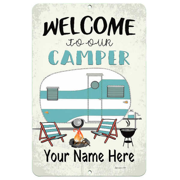 Dyenamic Art Personalized Welcome to Our Camper Metal Sign – Vintage RV design with custom text for personalized camping decor.
