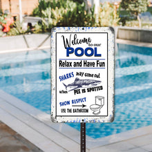 Load image into Gallery viewer, Funny pool rules sign with shark warning displayed by a backyard swimming pool
