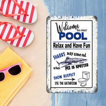 Load image into Gallery viewer, Dyenamic Art Funny Shark Pool Sign displayed near a swimming pool, adding a lighthearted and playful touch to outdoor spaces.

