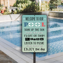 Load image into Gallery viewer, Dyenamic Art Pool Sign displayed near a luxurious swimming pool, adding a cheerful and welcoming touch to the outdoor space.
