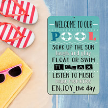 Load image into Gallery viewer, Dyenamic Art Pool Rules Sign featured in a fun and relaxing poolside setting, creating a perfect summer vibe.
