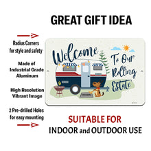 Load image into Gallery viewer, Features of the Welcome to Our Rolling Estate Metal Sign – Durable aluminum, pre-drilled holes, and high-resolution vibrant design.
