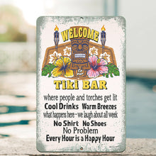 Load image into Gallery viewer, Dyenamic Art Welcome to Our Tiki Bar Metal Sign – A tropical-themed metal sign with a colorful tiki face, hibiscus flowers, torches, and distressed edges. Perfect for tiki bars, patios, or beach house décor.
