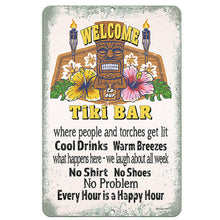 Load image into Gallery viewer, Full view of the Dyenamic Art Tiki Bar Metal Sign with vintage-inspired graphics, bold text, and vibrant colors, making it a perfect gift for tropical-themed home bars or outdoor entertaining areas.
