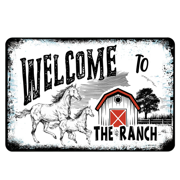 Dyenamic Art Welcome to the Ranch Metal Sign – Rustic farmhouse wall decor featuring galloping horses and a classic red barn. A charming accent for ranch homes, barns, and country properties.