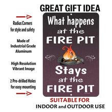 Load image into Gallery viewer, What Happens at the Fire Pit Stays at the Fire Pit&quot; metal sign infographic showcasing features like industrial-grade aluminum, high-resolution print, pre-drilled holes for easy mounting, and indoor/outdoor durability.
