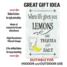 Load image into Gallery viewer, When Life Gives You Lemons Metal Sign with key features highlighted, including industrial-grade aluminum, pre-drilled holes for easy mounting, a high-resolution vibrant print, and durable indoor/outdoor use.
