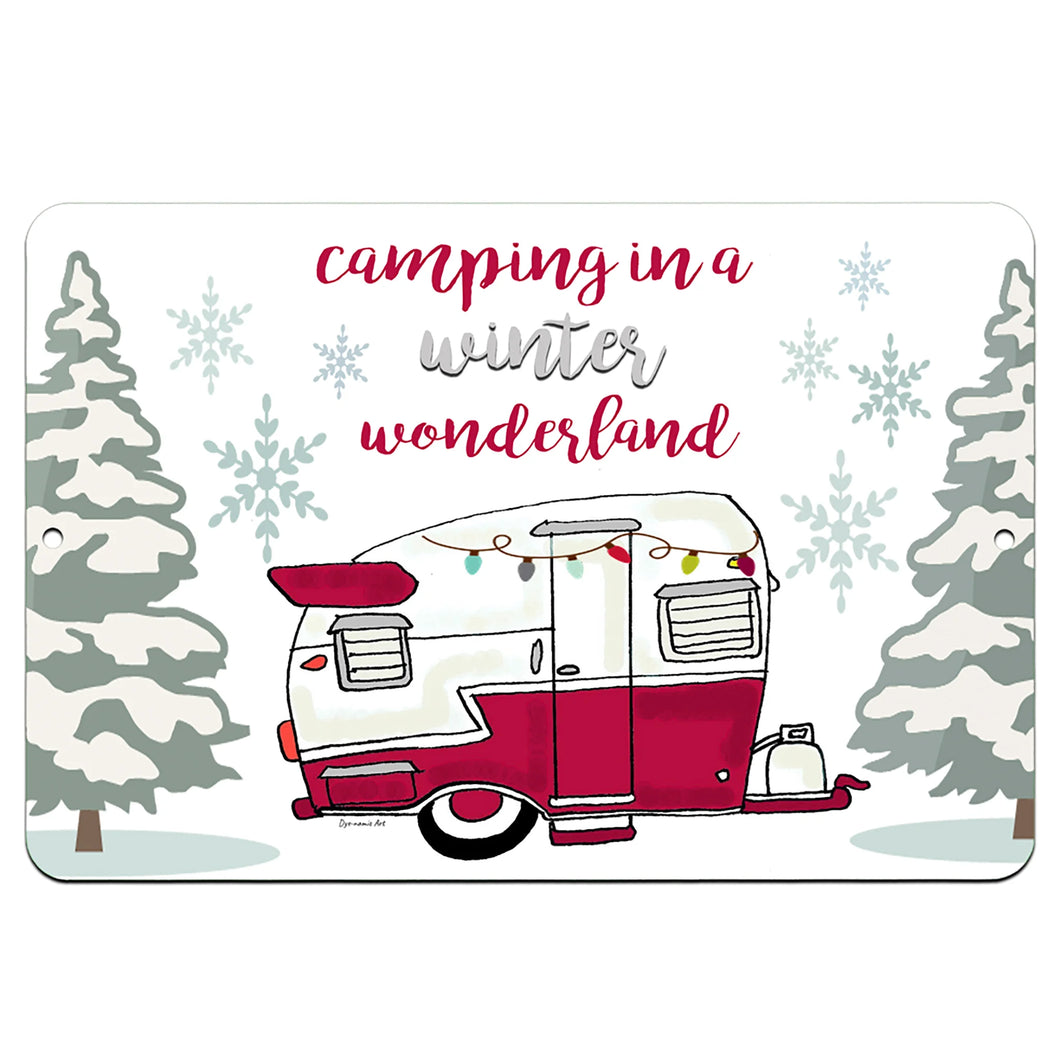 Winter Wonderland Camper Metal Sign - Festive camping decor with a vintage red and white camper, snowy trees, and string lights. A charming gift for RV and camping lovers by Dyenamic Art.