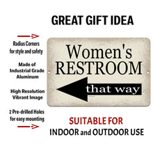 Load image into Gallery viewer, Dyenamic Art Women&#39;s Restroom Sign with text overlay highlighting its durable aluminum material, pre-drilled holes for easy mounting, and high-resolution print for indoor and outdoor use.
