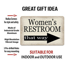 Load image into Gallery viewer, Women's Restroom Sign with text overlay showcasing its high-resolution print, scratch-resistant aluminum construction, and suitability for indoor and outdoor mounting.
