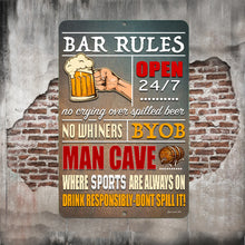 Load image into Gallery viewer, Dyenamic Art Bar Rules Metal Sign – A rustic man cave and bar decor sign featuring humorous bar rules, a beer mug, and bold text. Ideal for pub, home bar, or game room wall decor.
