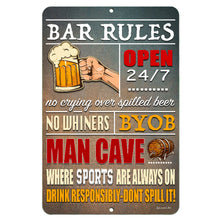 Load image into Gallery viewer, Dyenamic Art Bar Rules Metal Sign – humorous vintage-style metal sign with &quot;No Whiners,&quot; &quot;BYOB,&quot; and &quot;Man Cave&quot; text, designed for bar, pub, and game room decor. Features vibrant colors and distressed finish for an authentic look.
