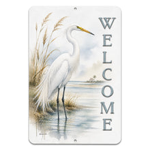 Load image into Gallery viewer, Decorative sign with a white egret by water, featuring the word 'Welcome'.
