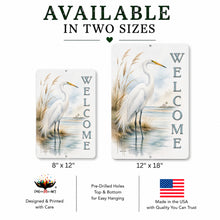 Load image into Gallery viewer, Two sizes of 'Welcome' signs with white egrets, available in 8x12" and 12x18" from Dyenamic Art
