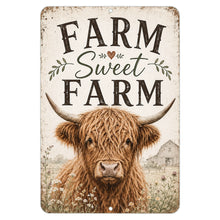 Load image into Gallery viewer, Farm Sweet Farm Highland Cow Sign - Rustic Farmhouse Decor
