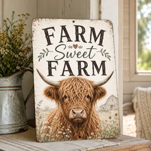 Load image into Gallery viewer, Farm Sweet Farm Highland Cow Sign - Rustic Farmhouse Decor
