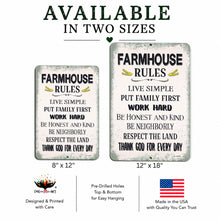 Load image into Gallery viewer, Two distressed farmhouse-style metal signs with text rules, shown on a white background with size labels 8" x 12" and 12" x 18". The larger sign reads 'FARMHOUSE RULES' and includes hanging hole indicators and a small 'One Art' logo at the bottom.
