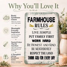 Load image into Gallery viewer, A farmhouse-style decorative sign with black text on a distressed white background reading 'FARMHOUSE RULES' and additional rules below, shown in a styled home decor scene with flowers, a vase, beads, and a wooden surface. The image also includes marketing text on the left and a headline at the top reading 'Why You'll Love It'.
