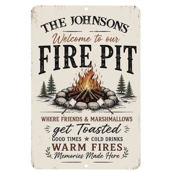 Personalized rustic fire pit metal sign isolated on white background