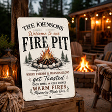 Load image into Gallery viewer, Personalized fire pit sign displayed near cozy outdoor campfire setting

