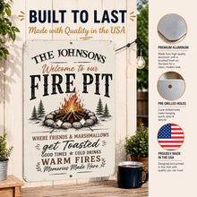 Load image into Gallery viewer, Personalized fire pit sign showing premium aluminum material and pre-drilled holes
