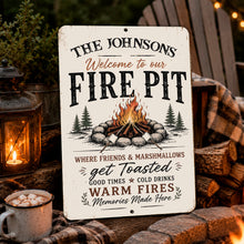 Load image into Gallery viewer, Personalized fire pit metal sign with rustic campfire and marshmallow saying
