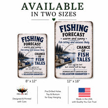 Load image into Gallery viewer, Two fishing-themed metal signs with text and graphics, available in two sizes, on a white background.
