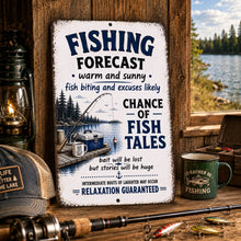 Load image into Gallery viewer, Rustic fishing cabin lifestyle image featuring Funny Fishing Forecast metal sign surrounded by fishing gear, lantern, tackle box, coffee mug, and lakefront cabin decor
