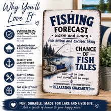 Load image into Gallery viewer, Why You’ll Love It feature graphic for Funny Fishing Forecast metal sign showing durability, weatherproof construction, and lake cabin decor benefits
