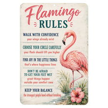 Load image into Gallery viewer, Flamingo Rules inspirational flamingo sign featuring positive life lessons, coastal artwork, and beach house décor styling
