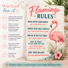 Load image into Gallery viewer, Flamingo Rules inspirational coastal wall decor highlighting uplifting messages, beach house décor, and gift-giving appeal
